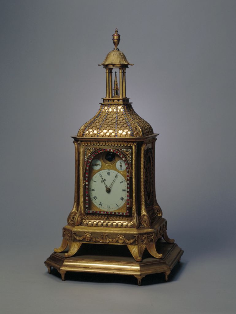图片[1]-Copper gold-plated turnstone earth pavilion clock-China Archive
